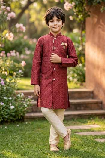 Petite Pomme Jaquard Kurta & Art Silk Pant Set 