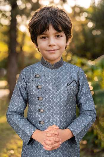 Petite Pomme Grey Boys Jaquard Kurta And Art Silk Pant Set Online at Aza Fashions Petite Pomme_Grey Boys Jaquard Kurta And Art Silk Pant Set _Online_at_Aza_Fashions