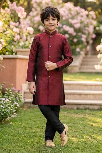 Petite Pomme Jaquard Kurta & Art Silk Pant Set 