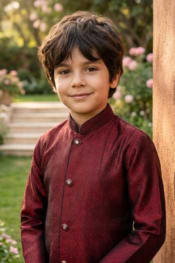Petite Pomme Maroon Jaquard Kurta And Art Silk Pant Set Online at Aza Fashions Petite Pomme_Maroon Jaquard Kurta And Art Silk Pant Set _Online_at_Aza_Fashions