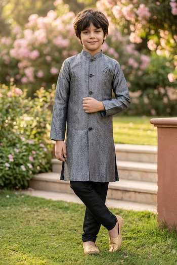 Petite Pomme Jaquard Kurta & Art Silk Pant Set