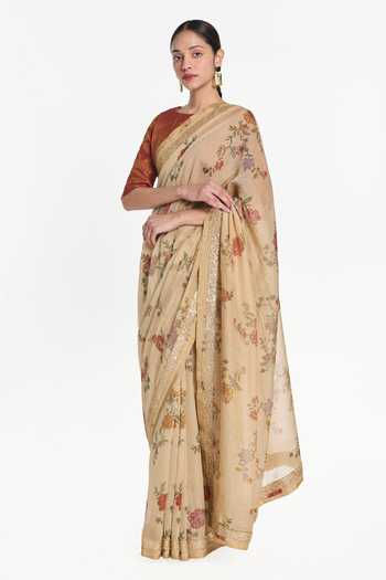 Payal Pratap Beige Chanderi, Tissue Kumudini Floral Print Saree Online at Aza Fashions Payal Pratap_Beige Chanderi, Tissue Kumudini Floral Print Saree _Online_at_Aza_Fashions