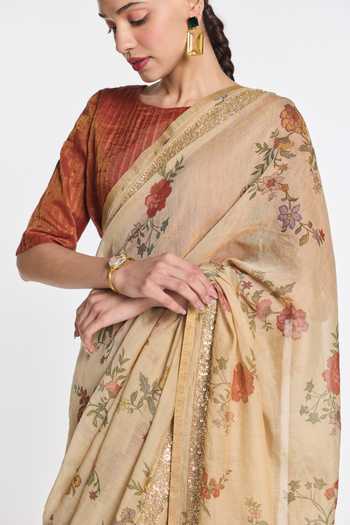 Shop Payal Pratap Beige Chanderi, Tissue Kumudini Floral Print Saree Online at Aza Fashions Shop_Payal Pratap_Beige Chanderi, Tissue Kumudini Floral Print Saree _Online_at_Aza_Fashions
