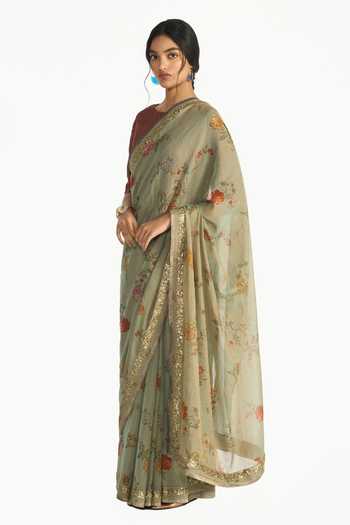 Payal Pratap Green Chanderi, Tissue Kumudini Floral Print Saree Online at Aza Fashions Payal Pratap_Green Chanderi, Tissue Kumudini Floral Print Saree _Online_at_Aza_Fashions