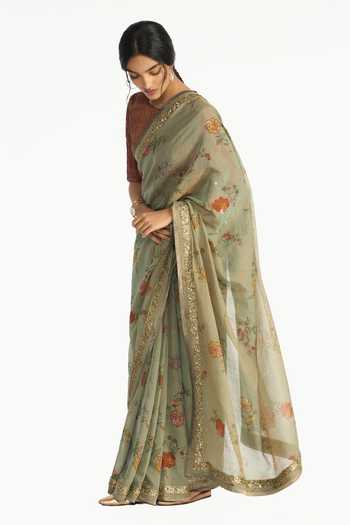 Buy Payal Pratap Green Chanderi, Tissue Kumudini Floral Print Saree Online at Aza Fashions Buy_Payal Pratap_Green Chanderi, Tissue Kumudini Floral Print Saree _Online_at_Aza_Fashions