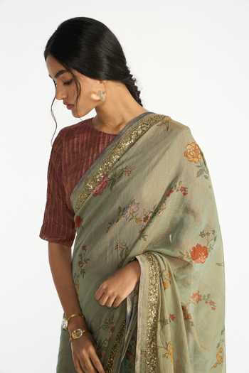 Shop Payal Pratap Green Chanderi, Tissue Kumudini Floral Print Saree Online at Aza Fashions Shop_Payal Pratap_Green Chanderi, Tissue Kumudini Floral Print Saree _Online_at_Aza_Fashions