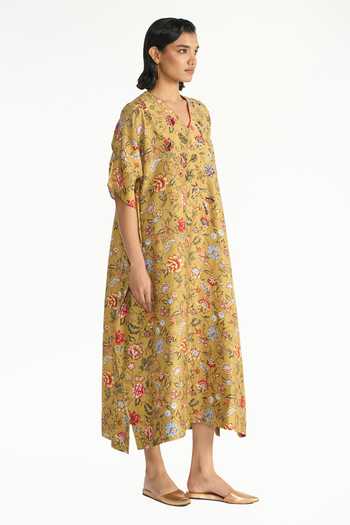 Buy Payal Pratap Gold Silk, Dupion V-neck Pallavi Floral Print Kaftan Dress Online at Aza Fashions Buy_Payal Pratap_Gold Silk, Dupion V-neck Pallavi Floral Print Kaftan Dress _Online_at_Aza_Fashions