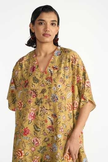 Shop Payal Pratap Gold Silk, Dupion V-neck Pallavi Floral Print Kaftan Dress Online at Aza Fashions Shop_Payal Pratap_Gold Silk, Dupion V-neck Pallavi Floral Print Kaftan Dress _Online_at_Aza_Fashions