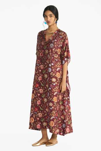 Buy Payal Pratap Multi Color Silk, Dupion V-neck Pallavi Floral Print Kaftan Dress Online at Aza Fashions Buy_Payal Pratap_Multi Color Silk, Dupion V-neck Pallavi Floral Print Kaftan Dress _Online_at_Aza_Fashions