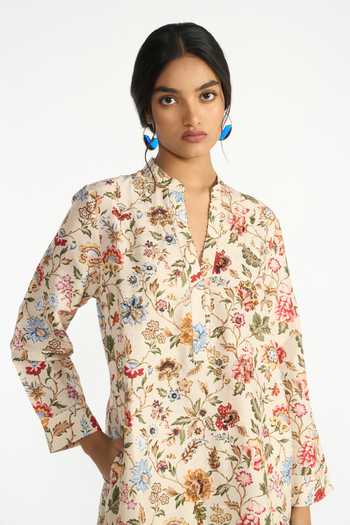 Shop Payal Pratap Multi Color Silk, Dupion Mandarin Collar Madhavi Floral Print Tunic And Pant Set Online at Aza Fashions Shop_Payal Pratap_Multi Color Silk, Dupion Mandarin Collar Madhavi Floral Print Tunic And Pant Set _Online_at_Aza_Fashions