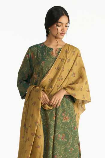 Shop Payal Pratap Green Chanderi, Tissue Round Neck Parijat Floral Print Kurta Set Online at Aza Fashions Shop_Payal Pratap_Green Chanderi, Tissue Round Neck Parijat Floral Print Kurta Set _Online_at_Aza_Fashions