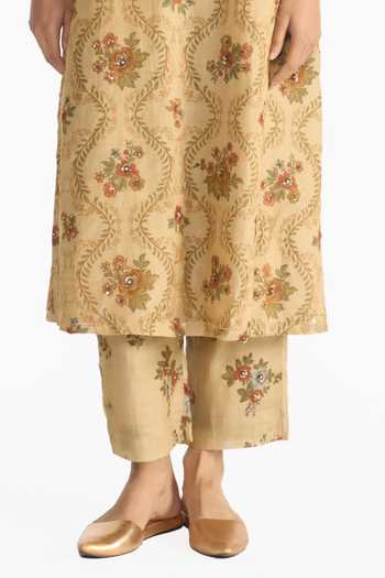 Shop Payal Pratap Beige Chanderi Round Neck, Yes Parijat Floral Print Kurta Set Online at Aza Fashions Shop_Payal Pratap_Beige Chanderi Round Neck, Yes Parijat Floral Print Kurta Set _Online_at_Aza_Fashions
