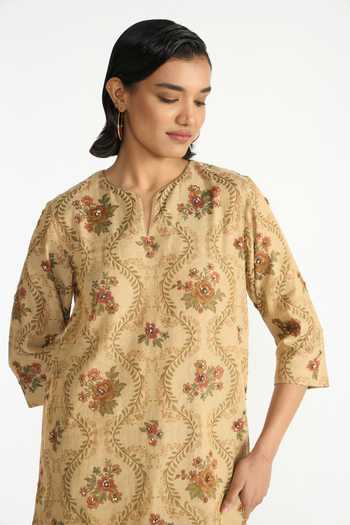 Buy Payal Pratap Beige Chanderi Round Neck, Yes Parijat Floral Print Kurta Set Buy_Payal Pratap_Beige Chanderi Round Neck, Yes Parijat Floral Print Kurta Set
