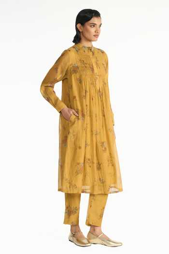 Shop Payal Pratap Yellow Chanderi, Tissue Mandarin Collar Mallika Printed Tunic And Pant Set Online at Aza Fashions Shop_Payal Pratap_Yellow Chanderi, Tissue Mandarin Collar Mallika Printed Tunic And Pant Set _Online_at_Aza_Fashions