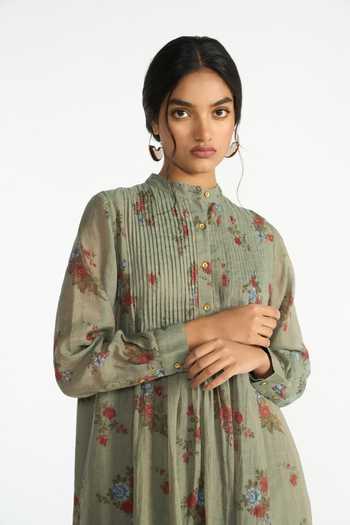 Payal Pratap Green Chanderi, Tissue Mandarin Collar, Yes Mallika Printed Tunic And Pant Set at Aza Fashions Payal Pratap_Green Chanderi, Tissue Mandarin Collar, Yes Mallika Printed Tunic And Pant Set _at_Aza_Fashions