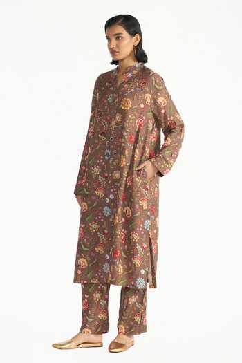 Payal Pratap Brown Mandarin Collar, V-neck, Yes Ketaki Printed Tunic And Pant Set Online at Aza Fashions Payal Pratap_Brown Mandarin Collar, V-neck, Yes Ketaki Printed Tunic And Pant Set _Online_at_Aza_Fashions