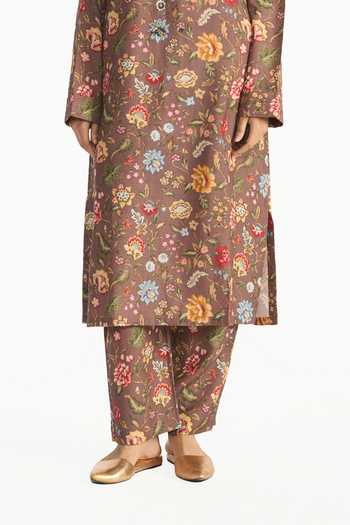 Buy Payal Pratap Brown Mandarin Collar, V-neck, Yes Ketaki Printed Tunic And Pant Set Online at Aza Fashions Buy_Payal Pratap_Brown Mandarin Collar, V-neck, Yes Ketaki Printed Tunic And Pant Set _Online_at_Aza_Fashions