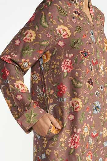 Shop Payal Pratap Brown Mandarin Collar, V-neck, Yes Ketaki Printed Tunic And Pant Set Online at Aza Fashions Shop_Payal Pratap_Brown Mandarin Collar, V-neck, Yes Ketaki Printed Tunic And Pant Set _Online_at_Aza_Fashions