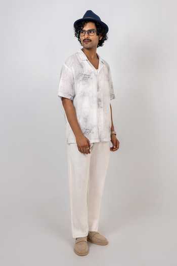 Shop Raw & Rustic By Niti Bothra White Linen, Tencel Eco-print Cuban Collar Shirt Online at Aza Fashions Shop_Raw & Rustic By Niti Bothra_White Linen, Tencel Eco-print Cuban Collar Shirt _Online_at_Aza_Fashions