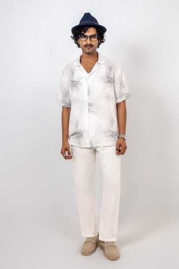 Raw & Rustic By Niti Bothra White Linen, Tencel Eco-print Cuban Collar Shirt at Aza Fashions Raw & Rustic By Niti Bothra_White Linen, Tencel Eco-print Cuban Collar Shirt _at_Aza_Fashions