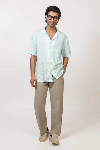 Buy Raw & Rustic By Niti Bothra Sky Blue Linen, Tencel Eco-print Cuban Collar Shirt Online at Aza Fashions Buy_Raw & Rustic By Niti Bothra_Sky Blue Linen, Tencel Eco-print Cuban Collar Shirt _Online_at_Aza_Fashions