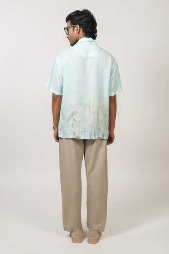 Shop Raw & Rustic By Niti Bothra Sky Blue Linen, Tencel Eco-print Cuban Collar Shirt Online at Aza Fashions Shop_Raw & Rustic By Niti Bothra_Sky Blue Linen, Tencel Eco-print Cuban Collar Shirt _Online_at_Aza_Fashions