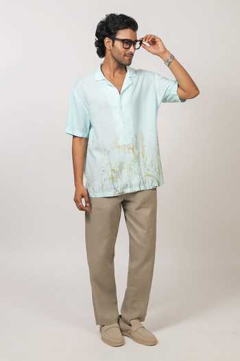 Raw & Rustic By Niti Bothra Sky Blue Linen, Tencel Eco-print Cuban Collar Shirt at Aza Fashions Raw & Rustic By Niti Bothra_Sky Blue Linen, Tencel Eco-print Cuban Collar Shirt _at_Aza_Fashions