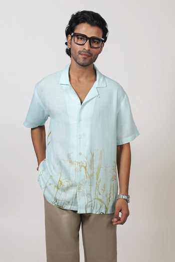 Raw & Rustic By Niti Bothra Sky Blue Eco-Print Cuban Collar Shirt 