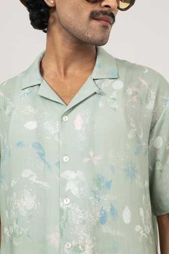 Buy Raw & Rustic By Niti Bothra Green Linen, Tencel Abstract Eco Print Cuban Collar Shirt Online at Aza Fashions Buy_Raw & Rustic By Niti Bothra_Green Linen, Tencel Abstract Eco Print Cuban Collar Shirt _Online_at_Aza_Fashions