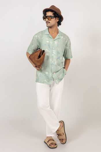 Shop Raw & Rustic By Niti Bothra Green Linen, Tencel Abstract Eco Print Cuban Collar Shirt Online at Aza Fashions Shop_Raw & Rustic By Niti Bothra_Green Linen, Tencel Abstract Eco Print Cuban Collar Shirt _Online_at_Aza_Fashions