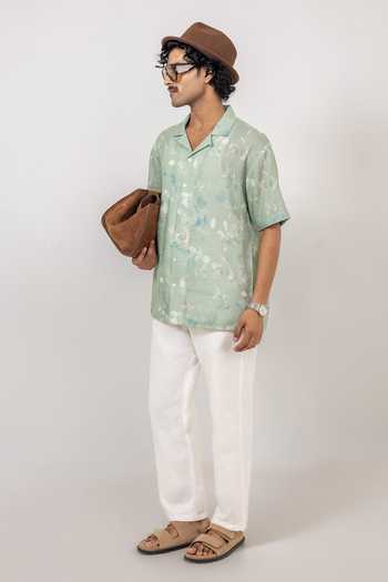 Raw & Rustic By Niti Bothra Green Linen, Tencel Abstract Eco Print Cuban Collar Shirt at Aza Fashions Raw & Rustic By Niti Bothra_Green Linen, Tencel Abstract Eco Print Cuban Collar Shirt _at_Aza_Fashions