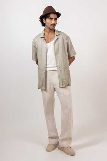 Shop Raw & Rustic By Niti Bothra Grey Linen, Tencel Nature Eco-print Cuban Collar Shirt Online at Aza Fashions Shop_Raw & Rustic By Niti Bothra_Grey Linen, Tencel Nature Eco-print Cuban Collar Shirt _Online_at_Aza_Fashions