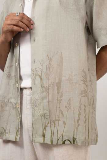 Raw & Rustic By Niti Bothra Grey Linen, Tencel Nature Eco-print Cuban Collar Shirt at Aza Fashions Raw & Rustic By Niti Bothra_Grey Linen, Tencel Nature Eco-print Cuban Collar Shirt _at_Aza_Fashions