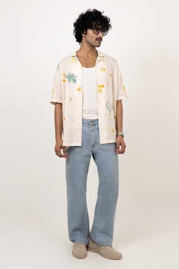 Shop Raw & Rustic By Niti Bothra Ivory Linen, Tencel Abstract Floral Eco-print Cuban Collar Shirt Online at Aza Fashions Shop_Raw & Rustic By Niti Bothra_Ivory Linen, Tencel Abstract Floral Eco-print Cuban Collar Shirt _Online_at_Aza_Fashions