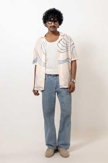 Raw & Rustic By Niti Bothra Ivory Linen, Tencel Abstract Bandhani Pattern Cuban Collar Shirt Online at Aza Fashions Raw & Rustic By Niti Bothra_Ivory Linen, Tencel Abstract Bandhani Pattern Cuban Collar Shirt _Online_at_Aza_Fashions