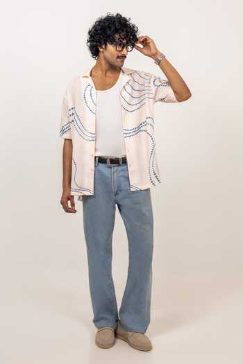 Shop Raw & Rustic By Niti Bothra Ivory Linen, Tencel Abstract Bandhani Pattern Cuban Collar Shirt Online at Aza Fashions Shop_Raw & Rustic By Niti Bothra_Ivory Linen, Tencel Abstract Bandhani Pattern Cuban Collar Shirt _Online_at_Aza_Fashions