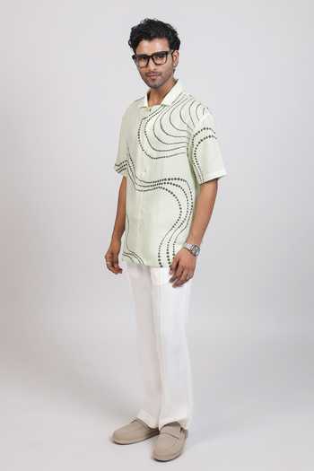 Shop Raw & Rustic By Niti Bothra Green Linen, Tencel Abstract Bandhani Cuban Collar Shirt Online at Aza Fashions Shop_Raw & Rustic By Niti Bothra_Green Linen, Tencel Abstract Bandhani Cuban Collar Shirt _Online_at_Aza_Fashions