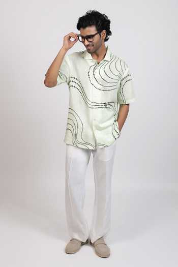 Raw & Rustic By Niti Bothra Green Linen, Tencel Abstract Bandhani Cuban Collar Shirt at Aza Fashions Raw & Rustic By Niti Bothra_Green Linen, Tencel Abstract Bandhani Cuban Collar Shirt _at_Aza_Fashions
