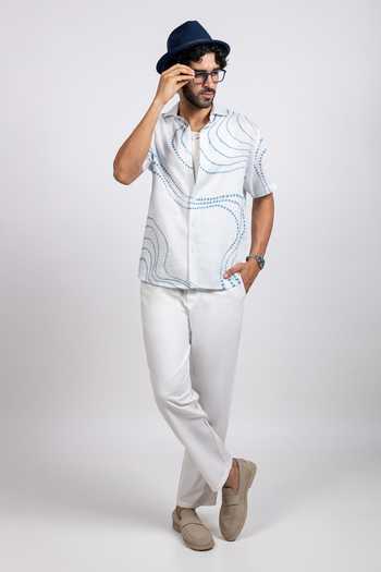 Raw & Rustic By Niti Bothra Blue Linen, Tencel Abstract Bandhani Pattern Cuban Collar Shirt at Aza Fashions Raw & Rustic By Niti Bothra_Blue Linen, Tencel Abstract Bandhani Pattern Cuban Collar Shirt _at_Aza_Fashions