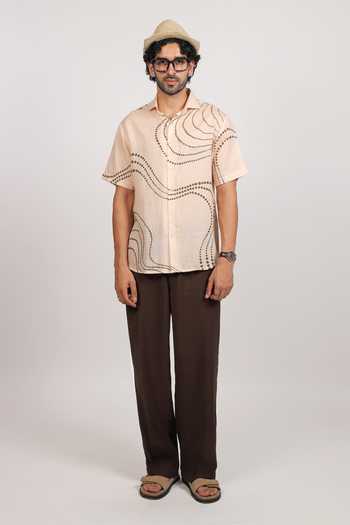 Shop Raw & Rustic By Niti Bothra Beige Linen, Tencel Abstract Bandhani Pattern Cuban Collar Shirt Online at Aza Fashions Shop_Raw & Rustic By Niti Bothra_Beige Linen, Tencel Abstract Bandhani Pattern Cuban Collar Shirt _Online_at_Aza_Fashions