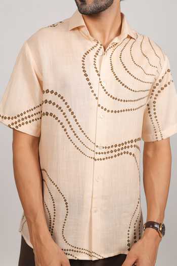 Raw & Rustic By Niti Bothra Beige Linen, Tencel Abstract Bandhani Pattern Cuban Collar Shirt at Aza Fashions Raw & Rustic By Niti Bothra_Beige Linen, Tencel Abstract Bandhani Pattern Cuban Collar Shirt _at_Aza_Fashions