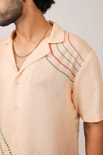 Buy Raw & Rustic By Niti Bothra Beige Linen, Tencel Bandhani Pattern Cuban Collar Shirt Buy_Raw & Rustic By Niti Bothra_Beige Linen, Tencel Bandhani Pattern Cuban Collar Shirt