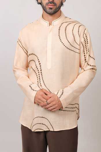 Shop Raw & Rustic By Niti Bothra Beige Linen, Tencel Abstract Bandhani Pattern Shirt Kurta Online at Aza Fashions Shop_Raw & Rustic By Niti Bothra_Beige Linen, Tencel Abstract Bandhani Pattern Shirt Kurta _Online_at_Aza_Fashions