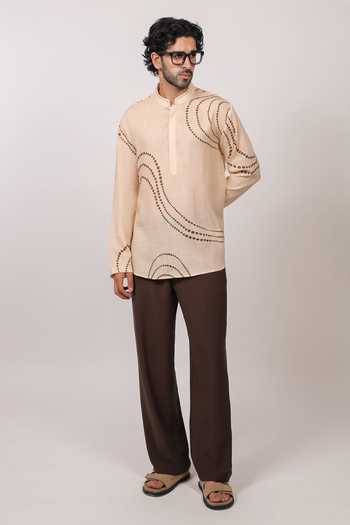 Raw & Rustic By Niti Bothra Beige Linen, Tencel Abstract Bandhani Pattern Shirt Kurta at Aza Fashions Raw & Rustic By Niti Bothra_Beige Linen, Tencel Abstract Bandhani Pattern Shirt Kurta _at_Aza_Fashions