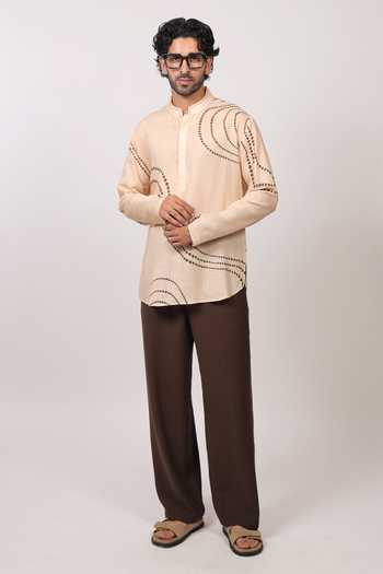 Shop Raw & Rustic By Niti Bothra Beige Linen, Tencel Abstract Bandhani Pattern Shirt Kurta Shop_Raw & Rustic By Niti Bothra_Beige Linen, Tencel Abstract Bandhani Pattern Shirt Kurta
