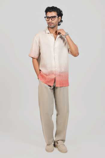 Shop Raw & Rustic By Niti Bothra Grey Linen, Tencel Ombre Bandhani Cuban Collar Shirt Online at Aza Fashions Shop_Raw & Rustic By Niti Bothra_Grey Linen, Tencel Ombre Bandhani Cuban Collar Shirt _Online_at_Aza_Fashions