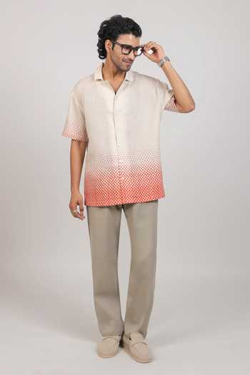Raw & Rustic By Niti Bothra Grey Linen, Tencel Ombre Bandhani Cuban Collar Shirt at Aza Fashions Raw & Rustic By Niti Bothra_Grey Linen, Tencel Ombre Bandhani Cuban Collar Shirt _at_Aza_Fashions