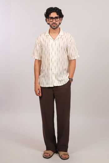 Shop Raw & Rustic By Niti Bothra Ivory Linen, Tencel Ikat Pattern Cuban Collar Shirt Online at Aza Fashions Shop_Raw & Rustic By Niti Bothra_Ivory Linen, Tencel Ikat Pattern Cuban Collar Shirt _Online_at_Aza_Fashions