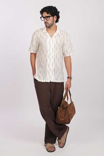 Raw & Rustic By Niti Bothra Ivory Linen, Tencel Ikat Pattern Cuban Collar Shirt at Aza Fashions Raw & Rustic By Niti Bothra_Ivory Linen, Tencel Ikat Pattern Cuban Collar Shirt _at_Aza_Fashions