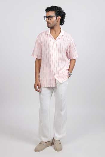 Buy Raw & Rustic By Niti Bothra Pink Linen, Tencel Ikat Pattern Cuban Collar Shirt Online at Aza Fashions Buy_Raw & Rustic By Niti Bothra_Pink Linen, Tencel Ikat Pattern Cuban Collar Shirt _Online_at_Aza_Fashions